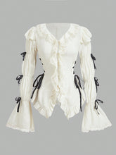 MOD Casual Solid Color Ruffle Trim Bell Sleeve Bow Decor Ladies Shirt